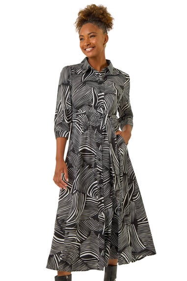 Roman Black Abstract Print Midi Shirt Dress