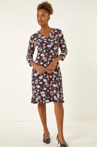 Roman Coral Floral Print Midi Stretch Dress