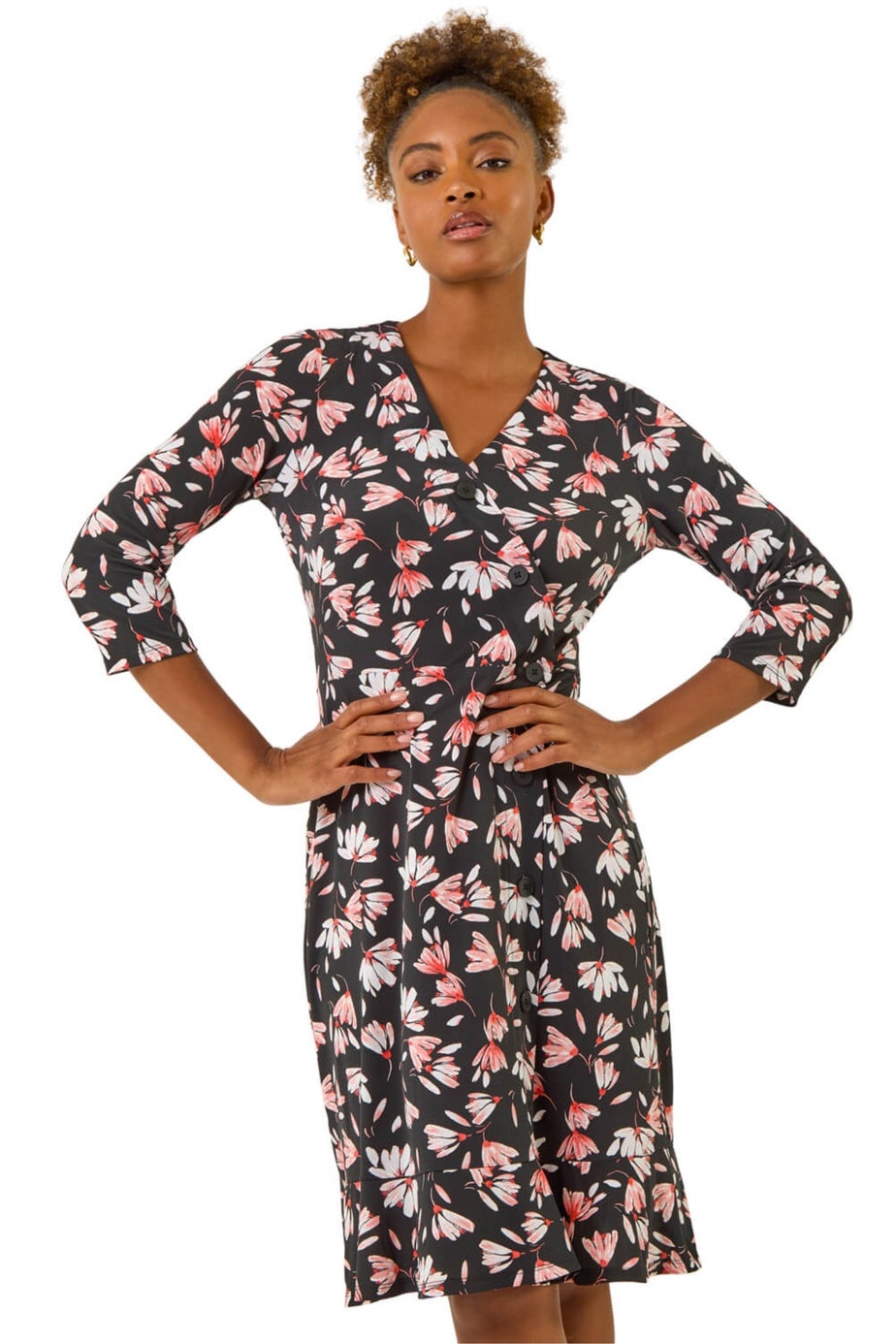 Roman Coral Floral Print Midi Stretch Dress