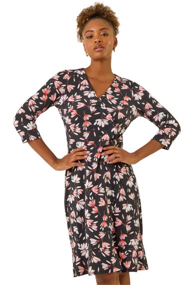 Roman Coral Floral Print Midi Stretch Dress