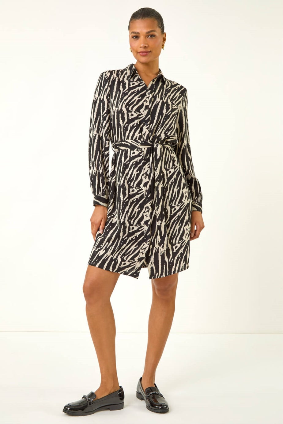 Roman Black Animal Print Tie Waist Dress