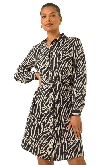 Roman Black Animal Print Tie Waist Dress