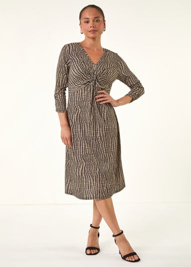 Roman Mocha Petite Abstract Twist Front Dress