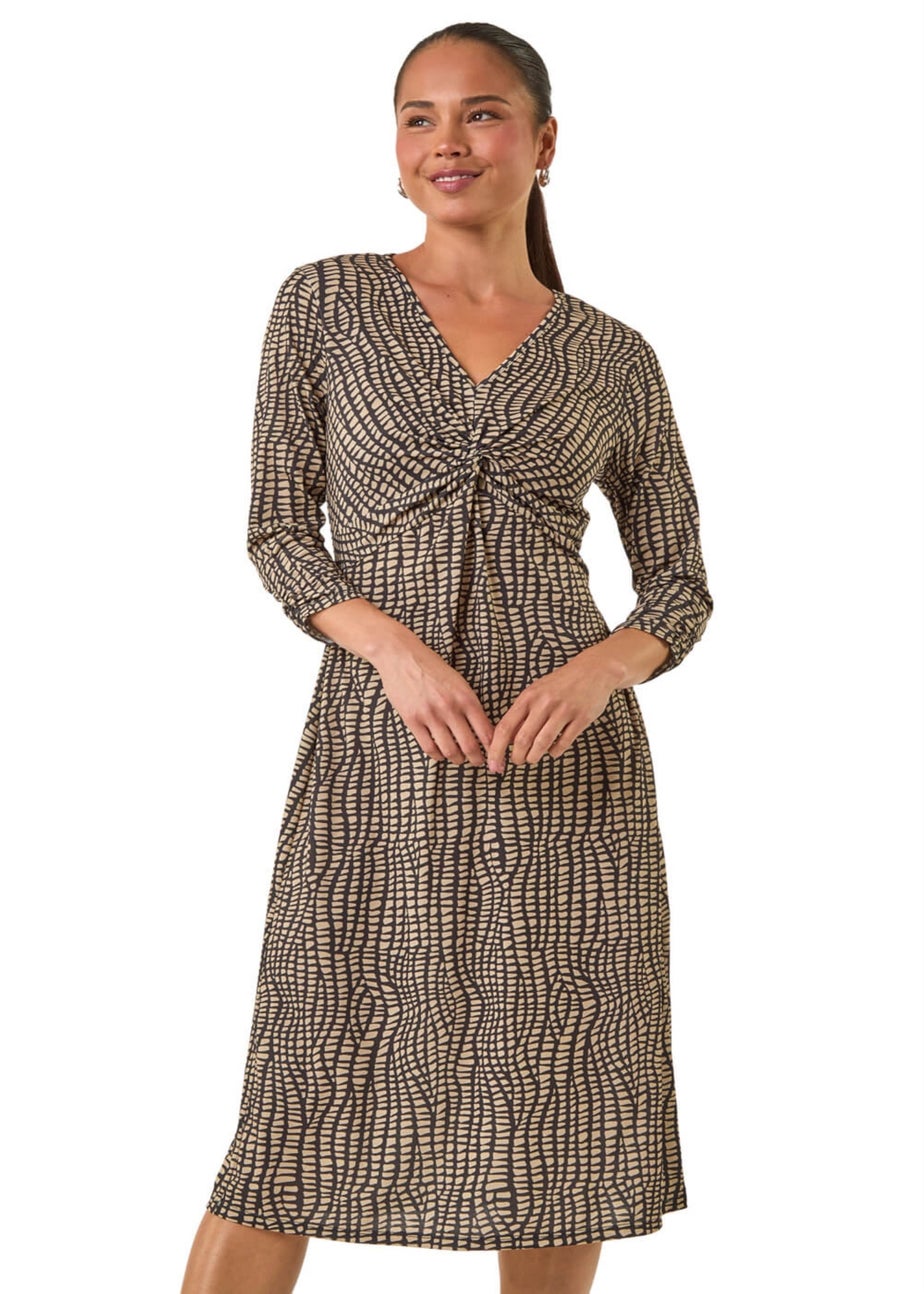 Roman Mocha Petite Abstract Twist Front Dress