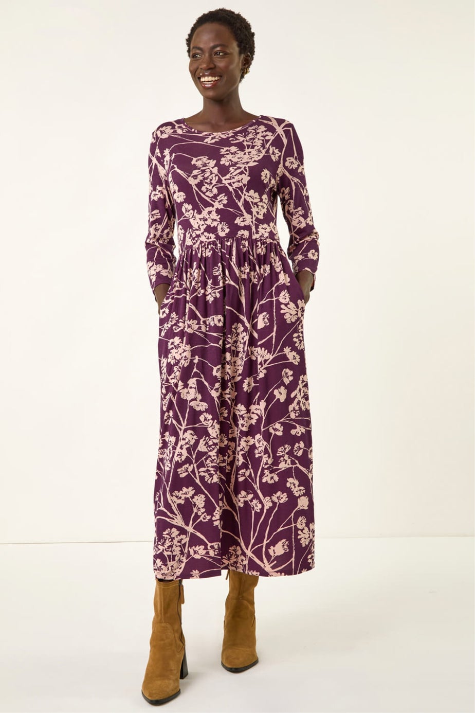 Roman Purple Shadow Floral Stretch Midi Dress