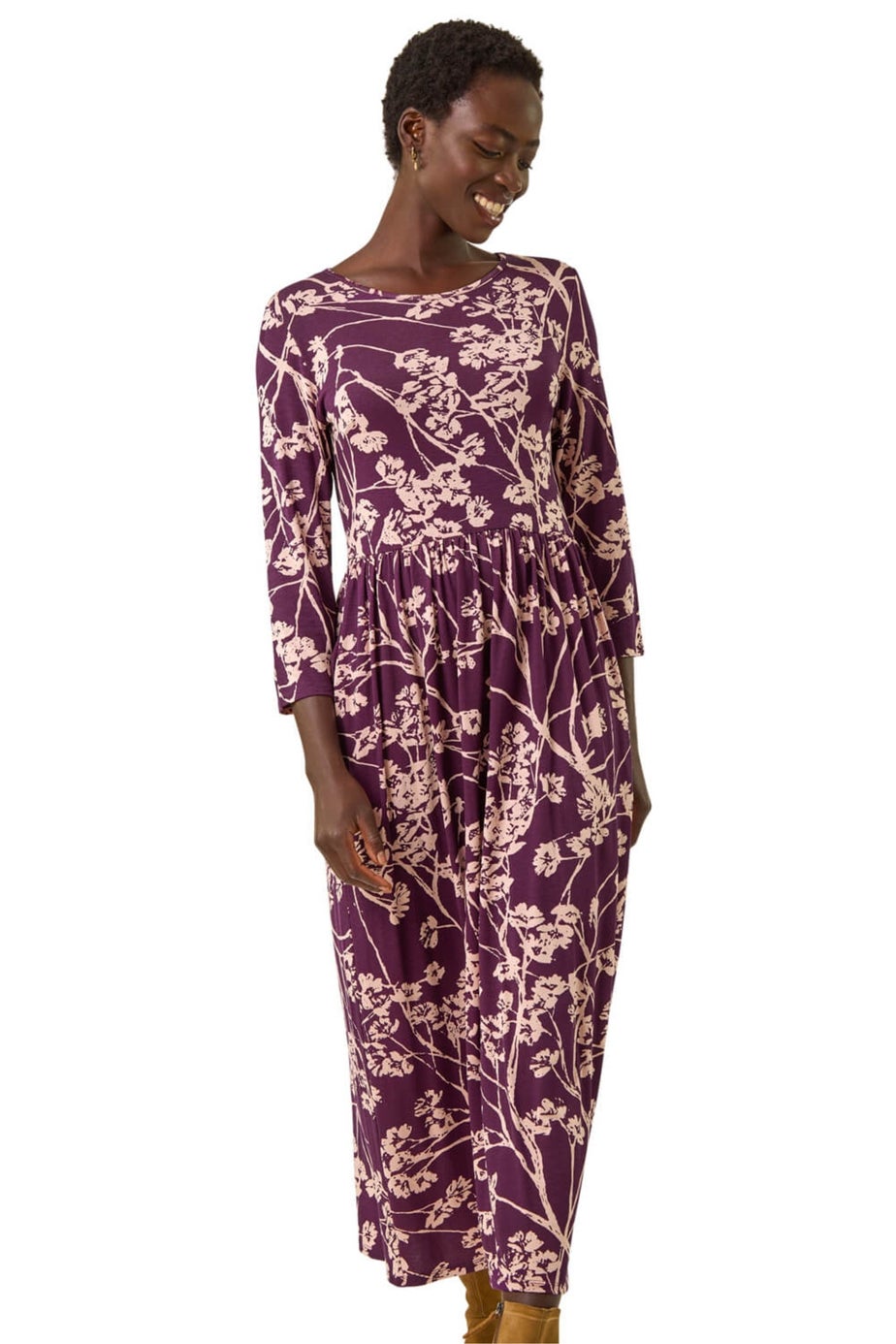 Roman Purple Shadow Floral Stretch Midi Dress