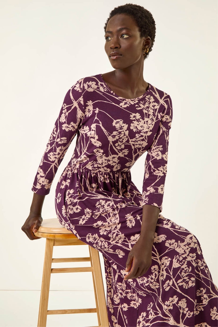 Roman Purple Shadow Floral Stretch Midi Dress