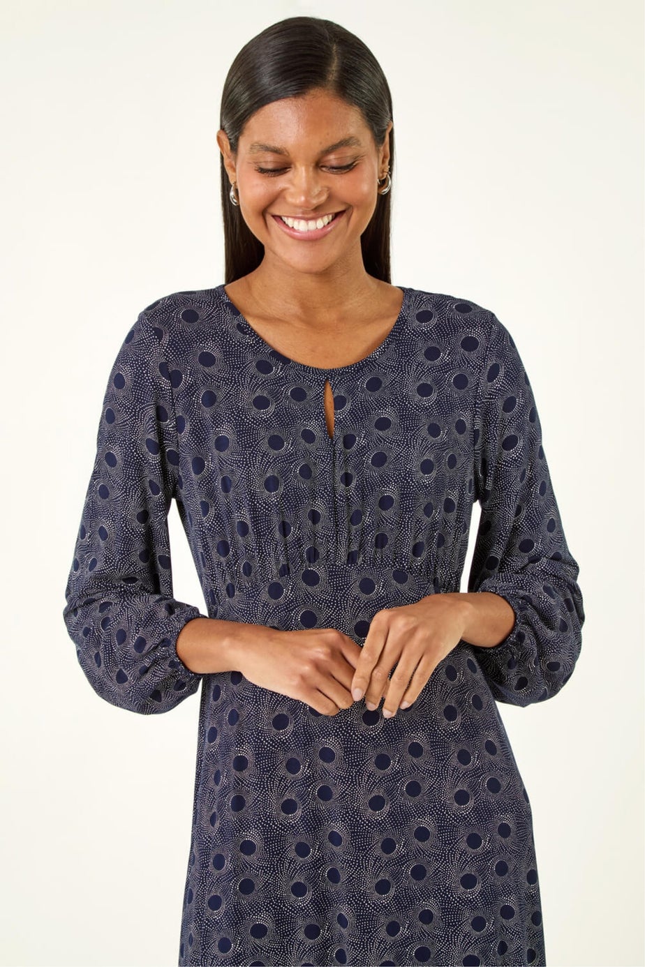 Roman Navy Spot Print Keyhole Midi Dress