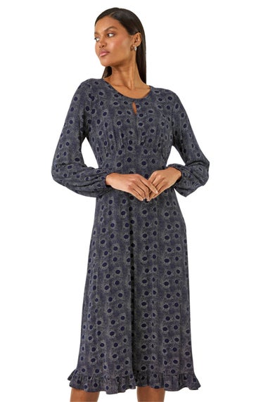 Roman Navy Spot Print Keyhole Midi Dress