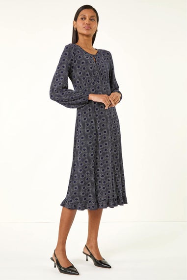 Roman Navy Spot Print Keyhole Midi Dress