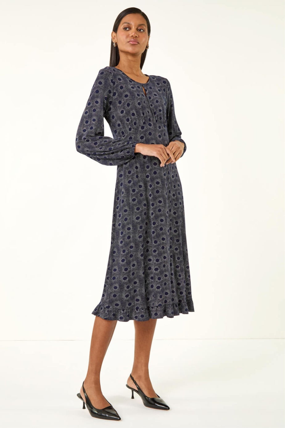 Roman Navy Spot Print Keyhole Midi Dress