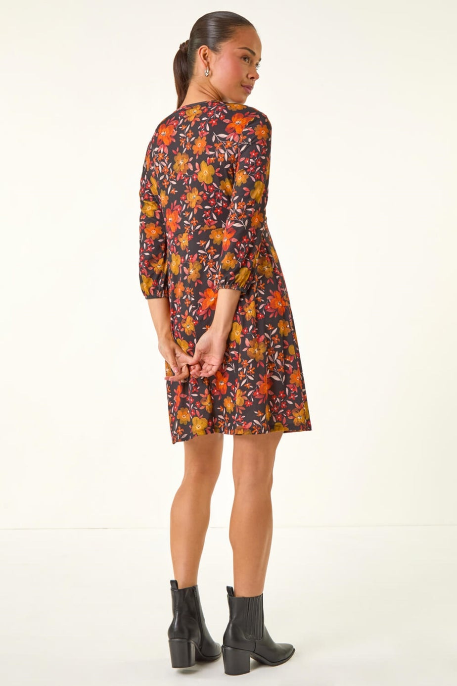Roman Orange Petite Floral Gathered Short Dress