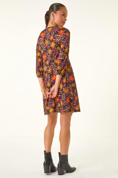 Roman Orange Petite Floral Gathered Short Dress