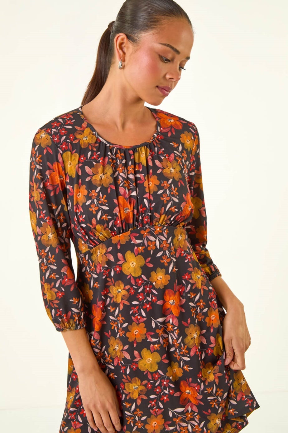 Roman Orange Petite Floral Gathered Short Dress