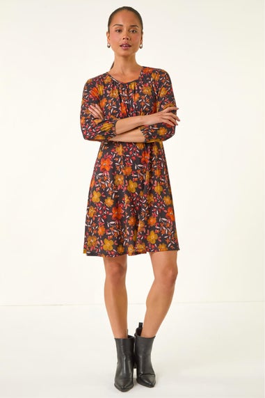 Roman Orange Petite Floral Gathered Short Dress