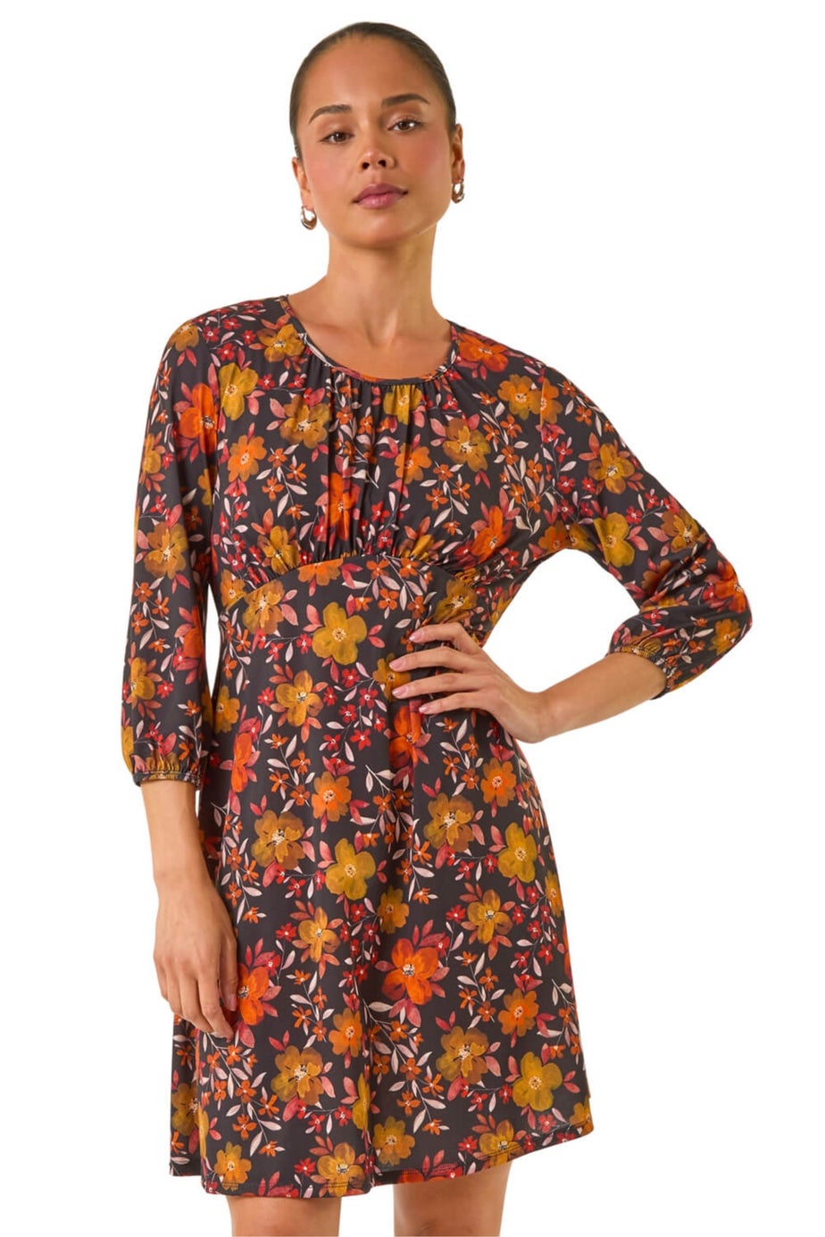 Roman Orange Petite Floral Gathered Short Dress