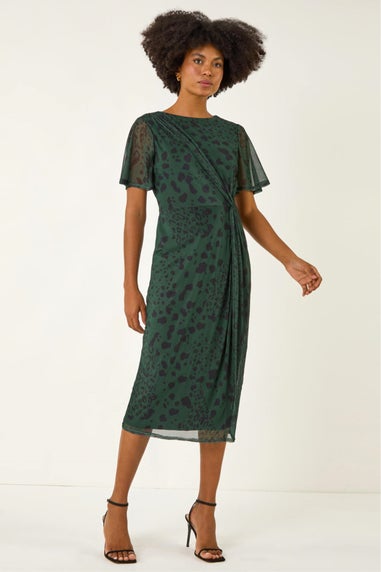 Roman Khaki Animal Print Twist Front Stretch Dress