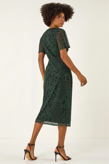 Roman Khaki Animal Print Twist Front Stretch Dress