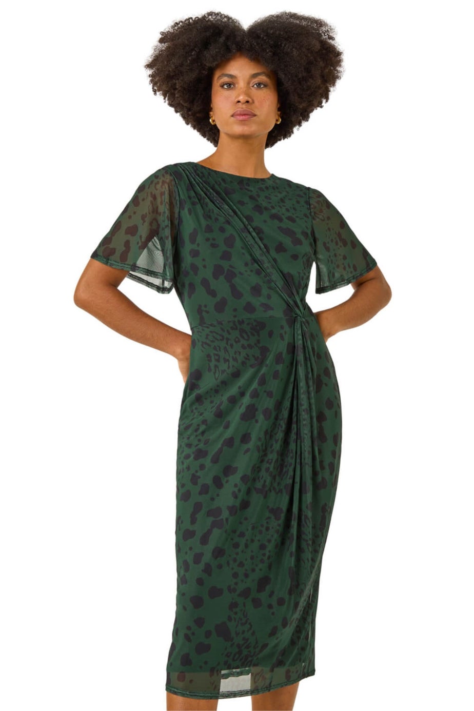 Roman Khaki Animal Print Twist Front Stretch Dress