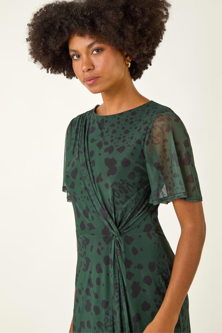 Roman Khaki Animal Print Twist Front Stretch Dress