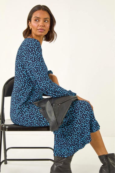 Roman Blue Spot Print Keyhole Midi Dress