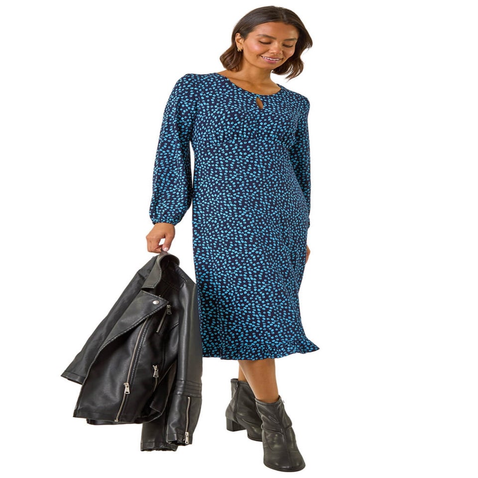 Roman Blue Spot Print Keyhole Midi Dress