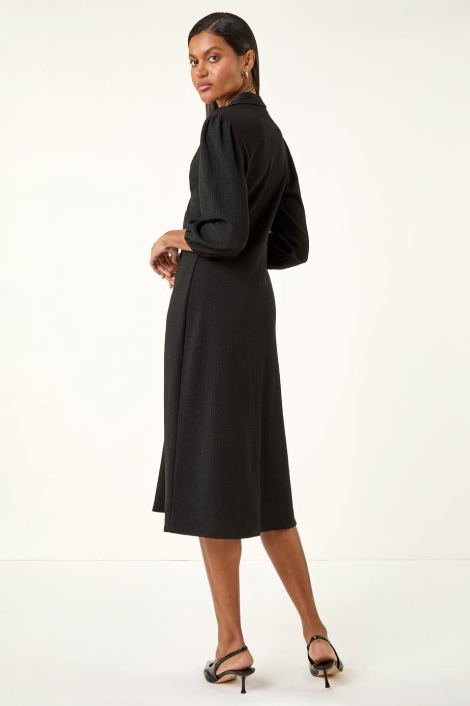 Roman Black Textured Collared Twist Front Dress