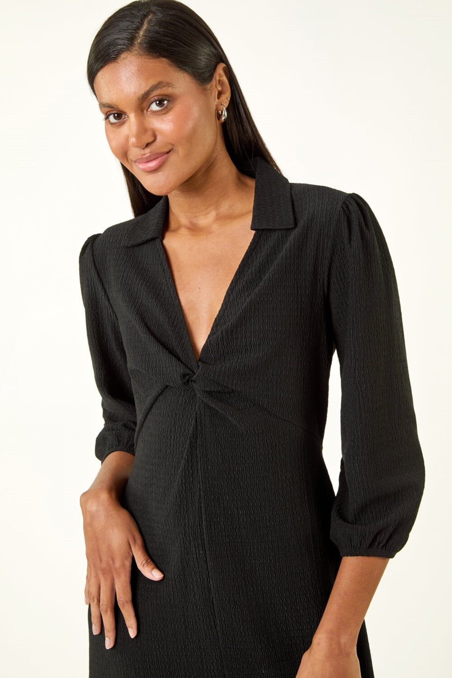Roman Black Textured Collared Twist Front Dress