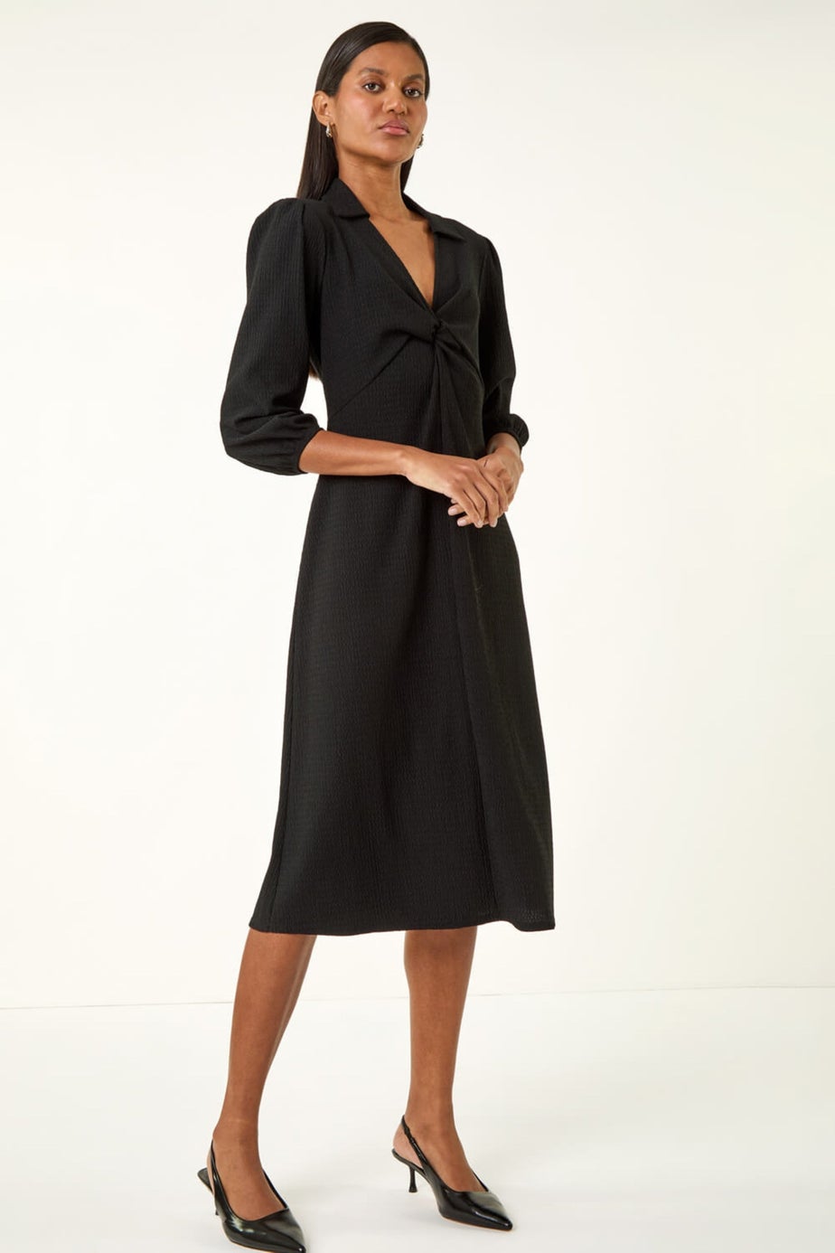 Roman Black Textured Collared Twist Front Dress
