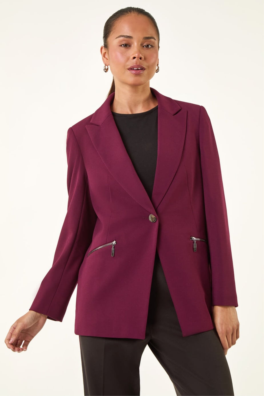 Roman Plum Petite Zip Pocket Stretch Blazer