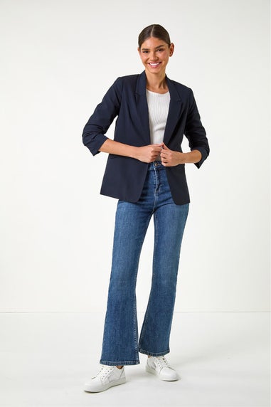 Roman Navy Ruched 3/4 Sleeve Blazer Jacket
