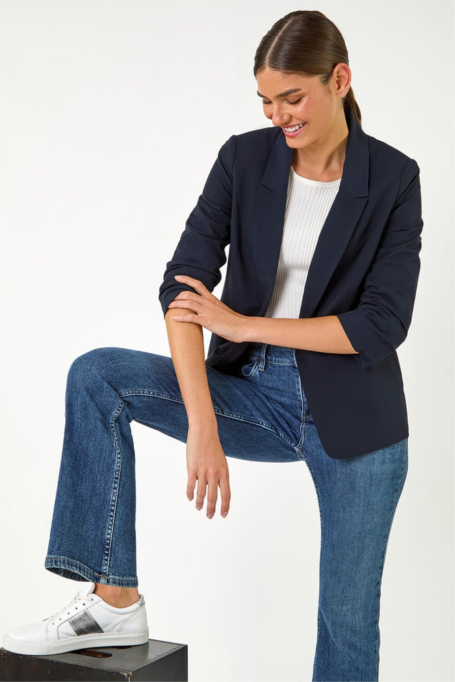 Roman Navy Ruched 3/4 Sleeve Blazer Jacket