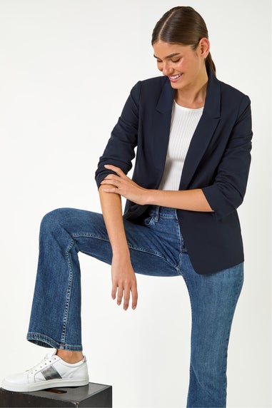 Roman Navy Ruched 3/4 Sleeve Blazer Jacket