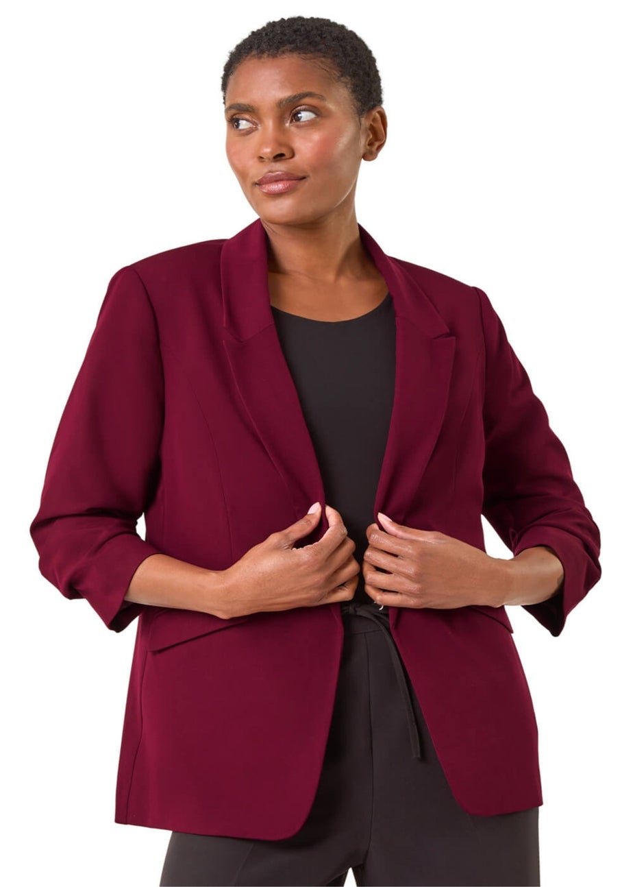 Roman Wine Ruched 3/4 Sleeve Blazer Jacket