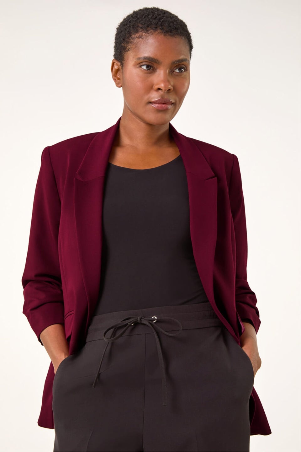 Roman Wine Ruched 3/4 Sleeve Blazer Jacket
