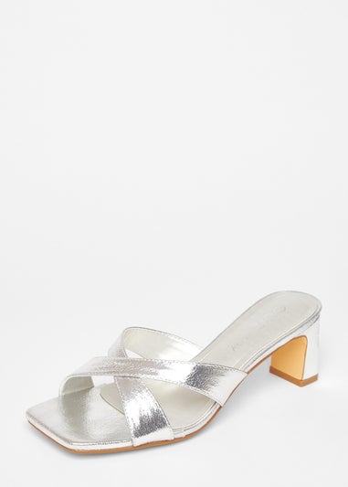 Quiz Silver Wide Fit Cross Strap Mule Heels
