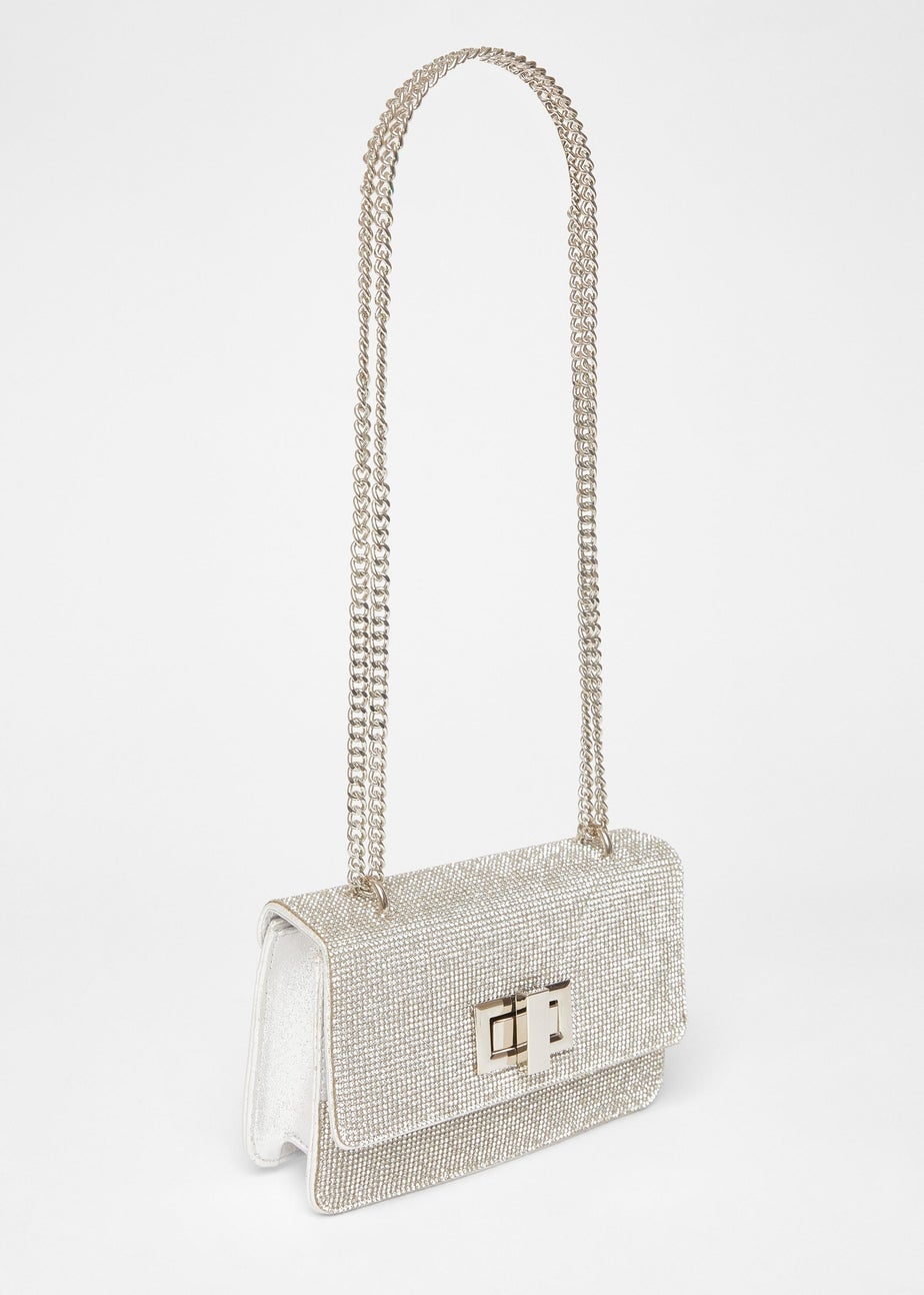 Quiz Silver Diamante Crossbody Bag