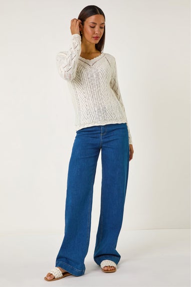 Roman Ivory Scallop V-Neck Knit Jumper