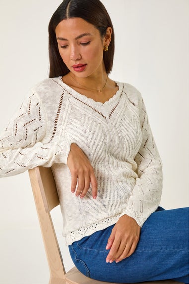Roman Ivory Scallop V-Neck Knit Jumper