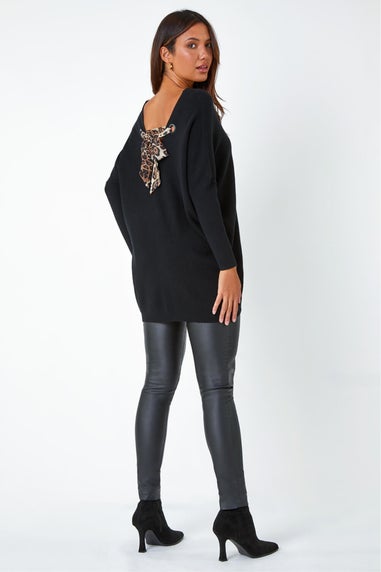 Roman Black One Size Animal Print Tie Back V-Neck Jumper
