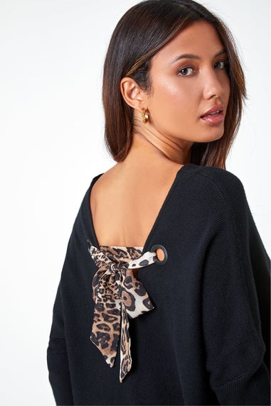 Roman Black One Size Animal Print Tie Back V-Neck Jumper
