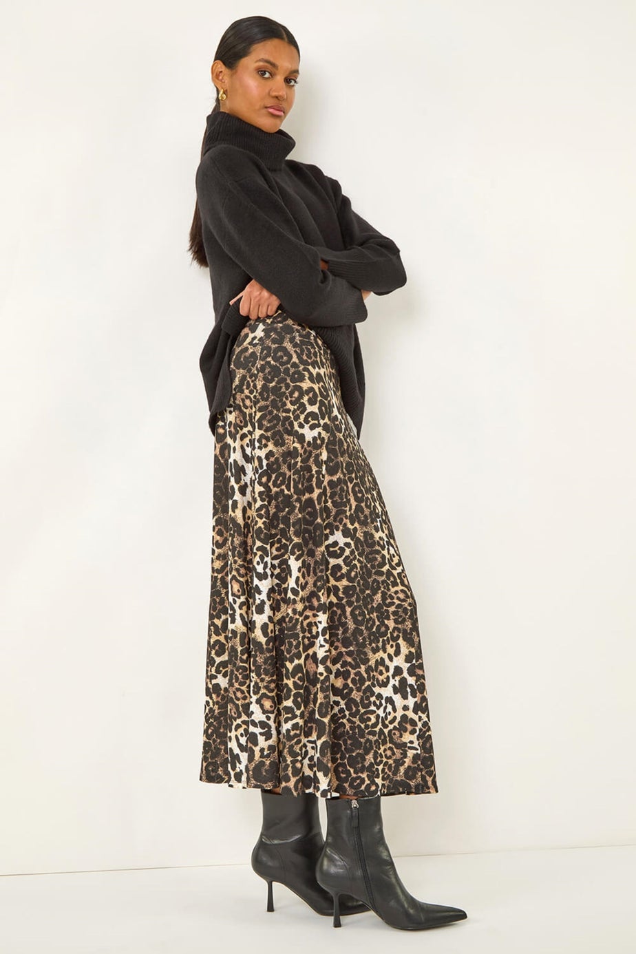 Roman Black Animal Print Midi Skirt
