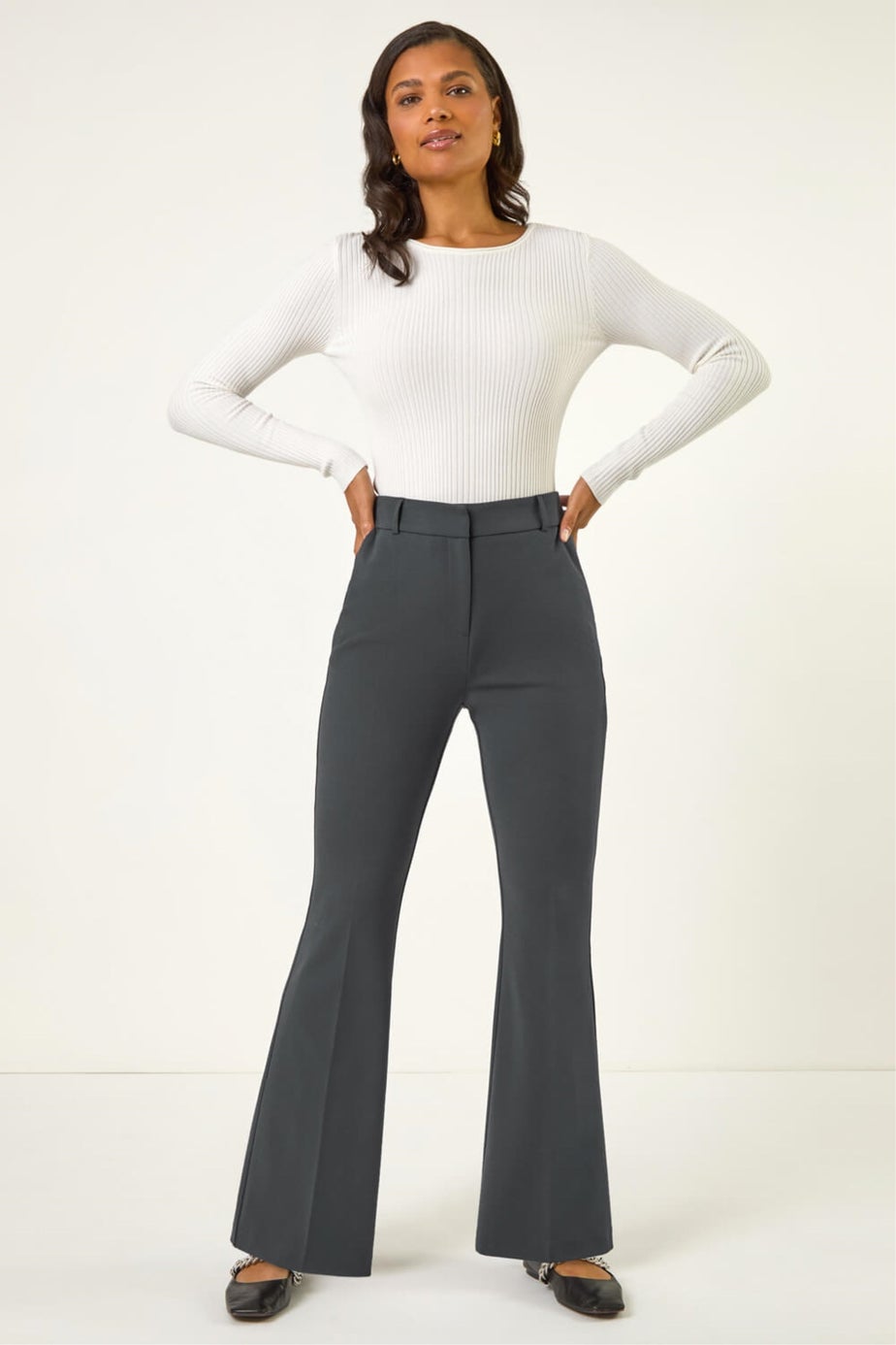 Roman Dark Grey Bootcut Leg Stretch Trousers
