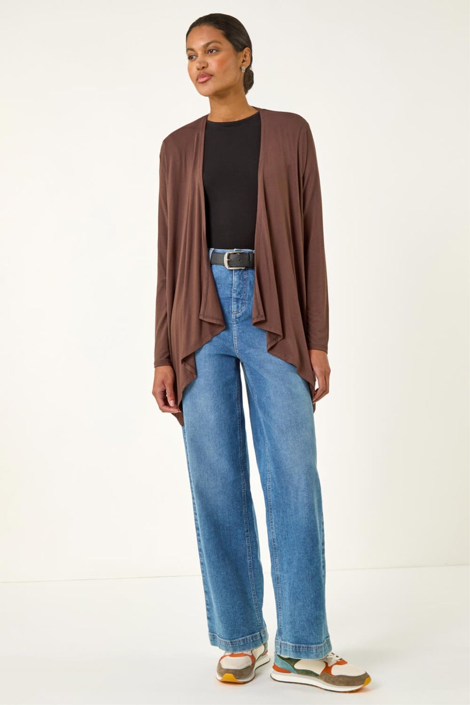 Roman Chocolate Waterfall Front Jersey Knit Cardigan