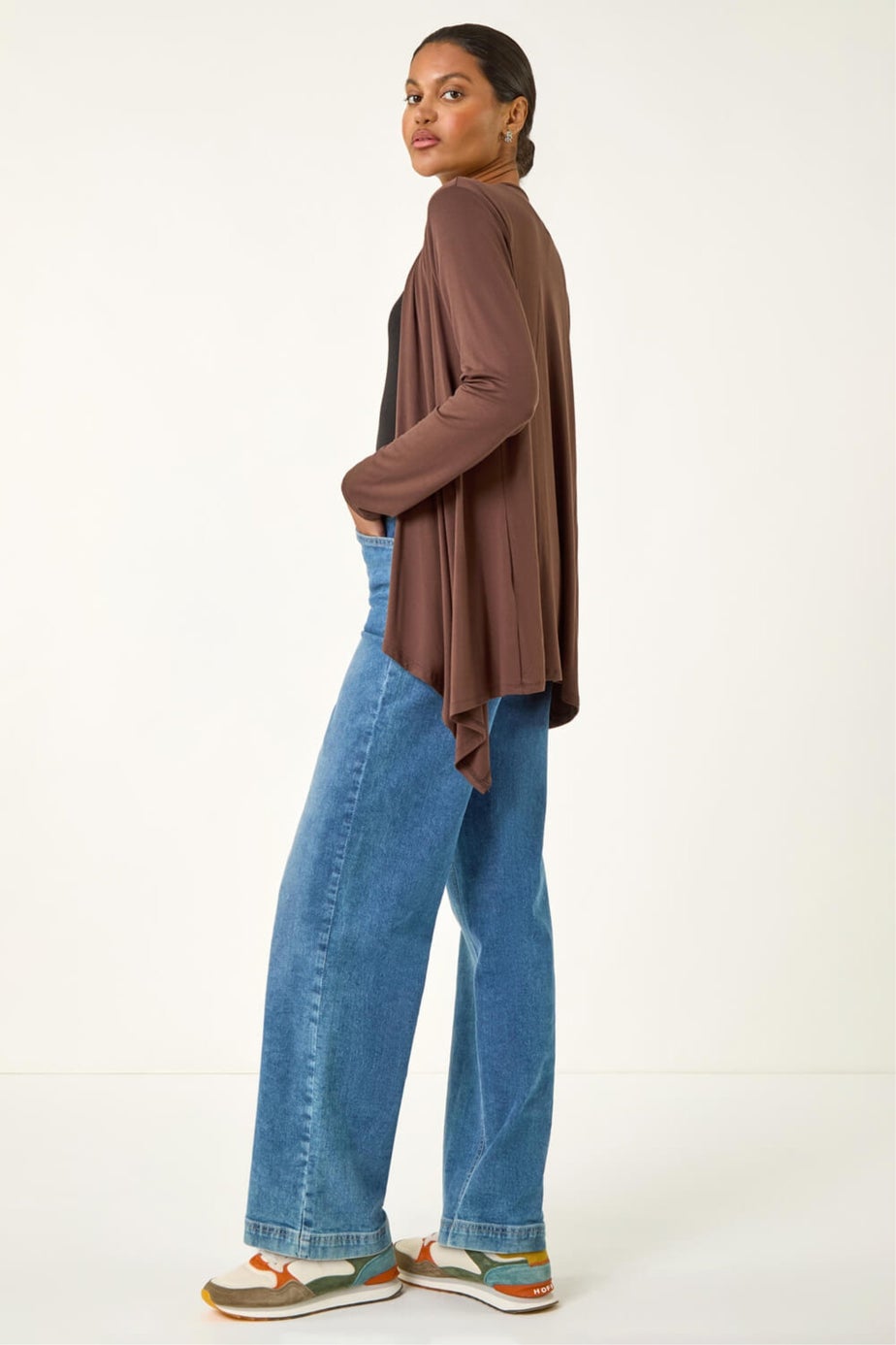 Roman Chocolate Waterfall Front Jersey Knit Cardigan