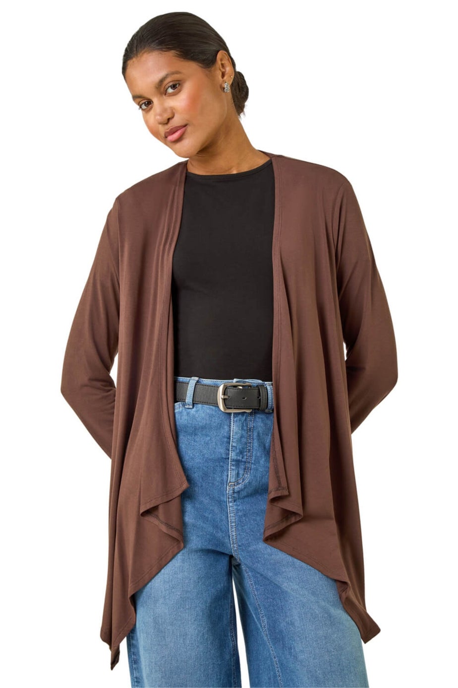 Roman Chocolate Waterfall Front Jersey Knit Cardigan