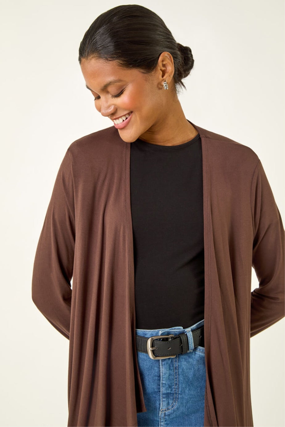 Roman Chocolate Waterfall Front Jersey Knit Cardigan