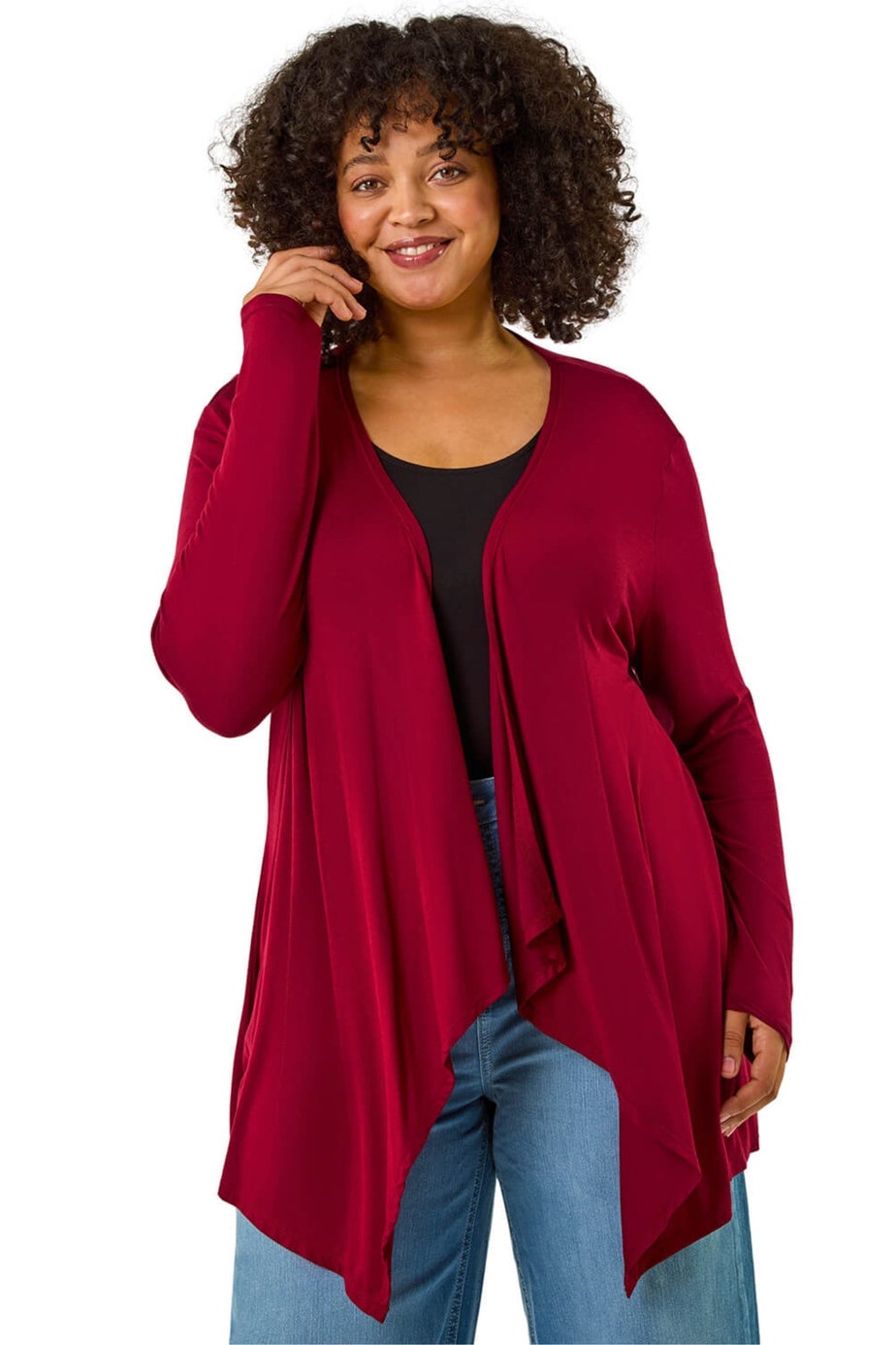 Roman Burgundy Curve Waterfall Front Jersey Cardigan