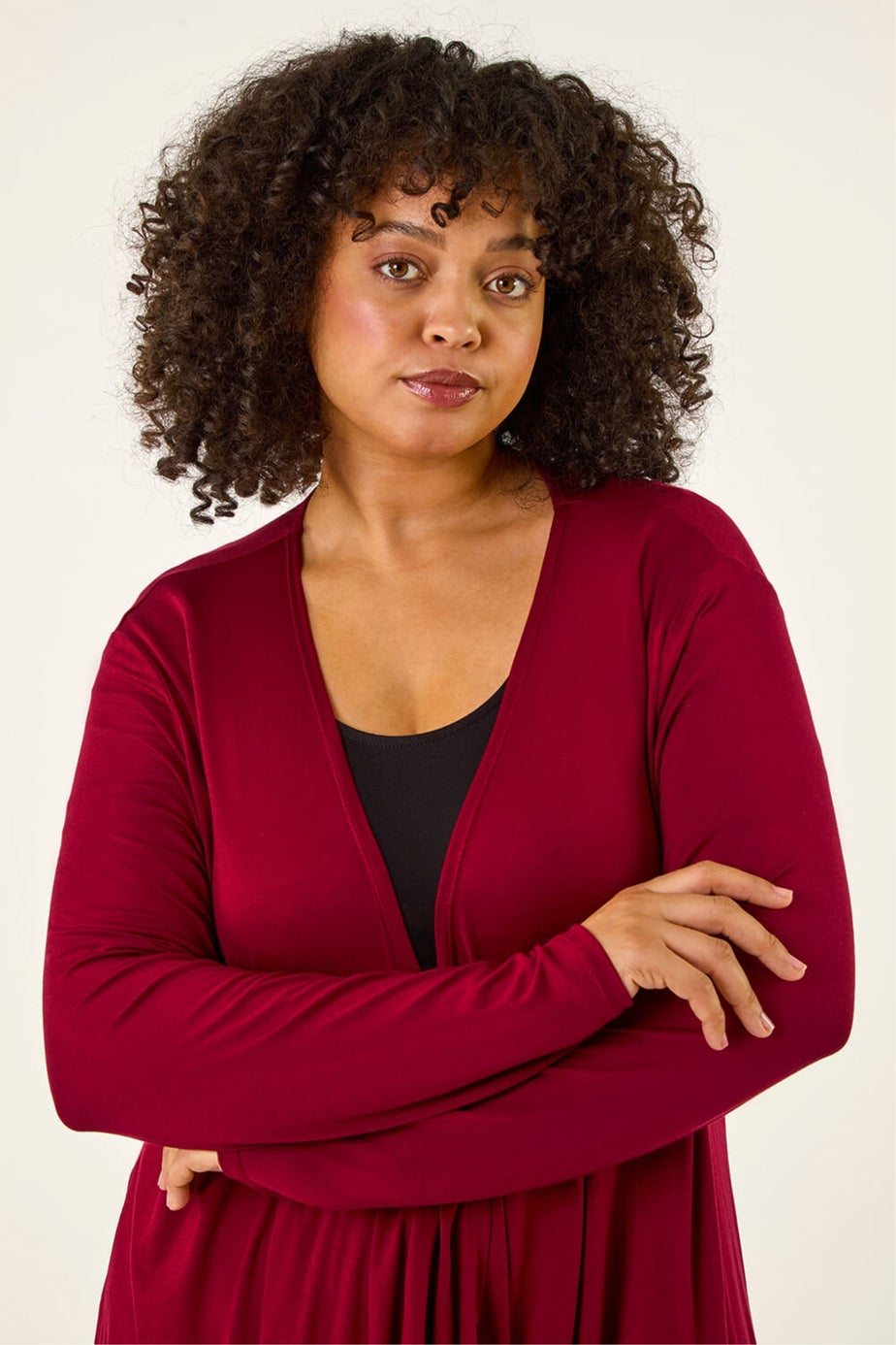 Roman Burgundy Curve Waterfall Front Jersey Cardigan