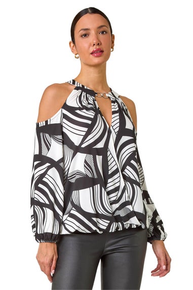 Roman Ivory Abstract Print Cold Shoulder Stretch Top